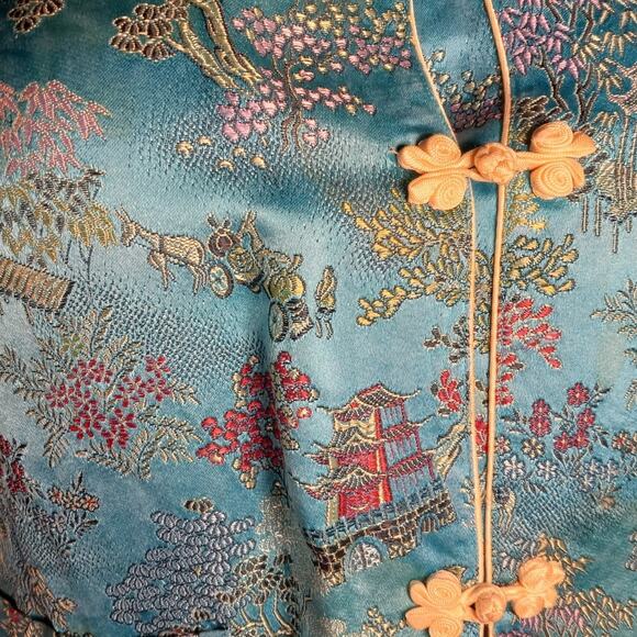 Vntg Peony Shanghai China Silk Jacquard 2pc Set XS Oriental Lounge Quietlux - Picture 16 of 16